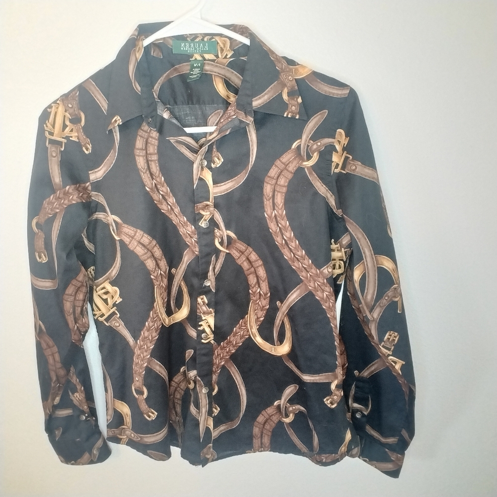 Lauren By Ralph Lauren Black Equestrian Print blouse size P/M Classic‎ Preppy